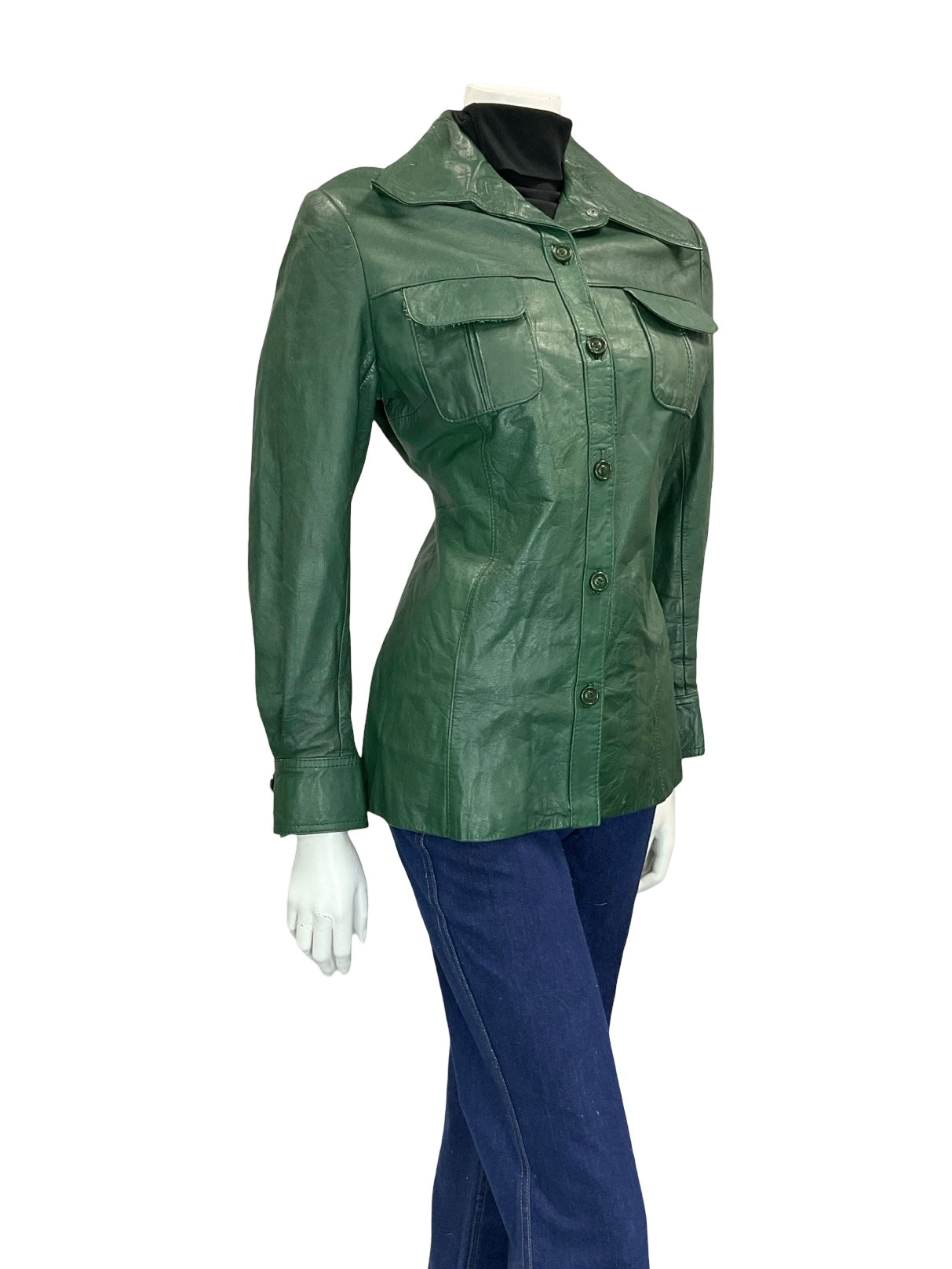 VTG 60S 70S FOREST GREEN DAGGER COLLAR BUTTON DOWN LEATHER JACKET 12 W POCKETS