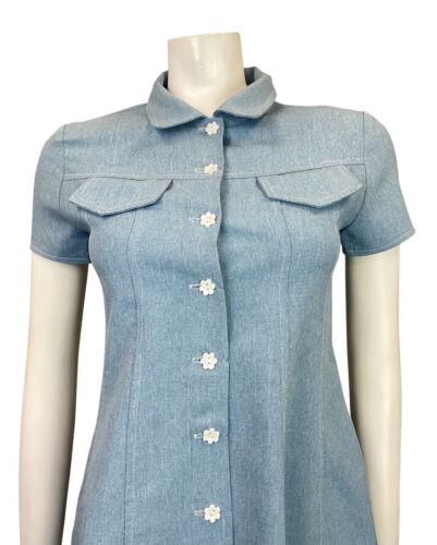VINTAGE 60s 70s DENIM BLUE WHITE DAISY MOD A-LINE SHIFT SHIRT DRESS 6 8