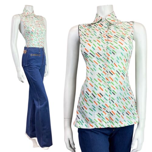VINTAGE 60s 70s WHITE GREEN ORANGE DASH MOD SLEEVELESS DAGGER COLLAR BLOUSE 8