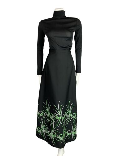VTG 70S BLACK GREEN SILVER ABSTRACT PSYCHEDELIC EMBROIDERY PARTY MAXI SKIRT 12