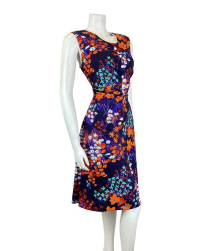 VINTAGE 60s 70s PURPLE ORANGE TEAL FLORAL MOD SLEEVELESS DRESS 12 14