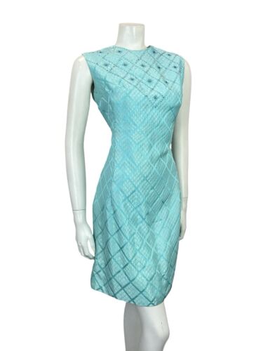 VTG 60S MOD GOGO SHIMMERY BLUE GRIDDED BROCADE BEADED PARTY WIGGLE MINI DRESS 12