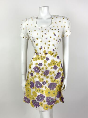 VINTAGE 60s 70s WHITE YELLOW PURPLE FLORAL DAISY SHEER PUFF SLEEVE MOD DRESS 10