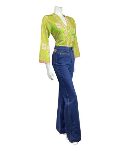 VINTAGE 60s 70s GREEN PINK WHITE GEOMETRIC FLORAL NIGHT SHIRT BLOUSE 10