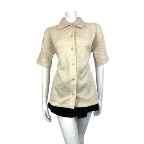 VINTAGE 60s 70s CREAM GOLD DIAMOND CHECKED MOD DISCO PARTY DAGGER SHIRT 12 14