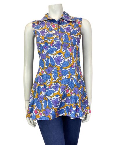 VINTAGE 60s 70s WHITE PURPLE BLUE GEOMTERIC FLORAL SLEEVELESS BLOUSE 8 10