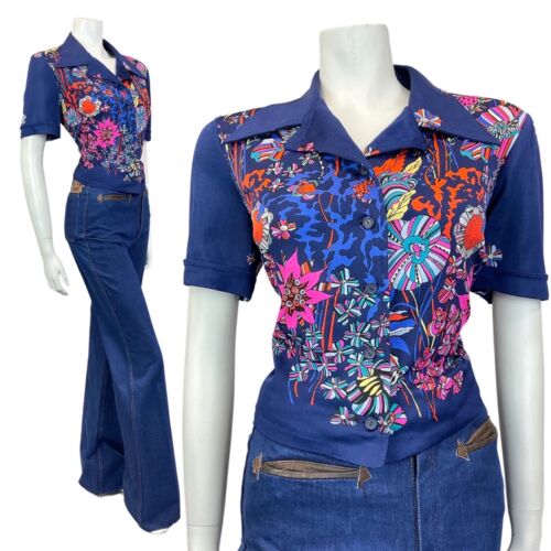 VINTAGE 60s 70s BLUE ORANGE PINK PSYCHEDELIC FLORAL DAGGER CROPPED BLOUSE 16