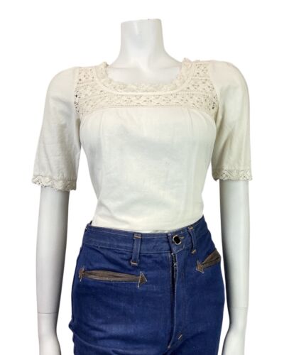 VINTAGE 60s 70s CREAM CROCHETED BOHO PRAIRIE COTTON BLOUSE 8 10
