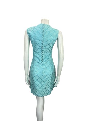 VTG 60S MOD GOGO SHIMMERY BLUE GRIDDED BROCADE BEADED PARTY WIGGLE MINI DRESS 12