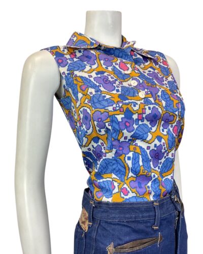 VINTAGE 60s 70s WHITE PURPLE BLUE GEOMTERIC FLORAL SLEEVELESS BLOUSE 8 10