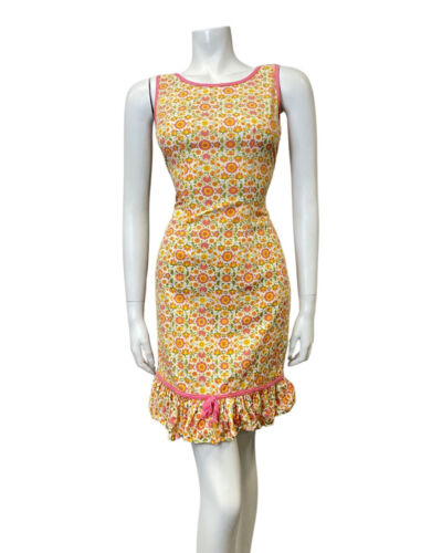 VINTAGE 60s 70s ORANGE PINK WHITE DITSY FLOWER SLEEVELESS MOD MINI DRESS 8 10