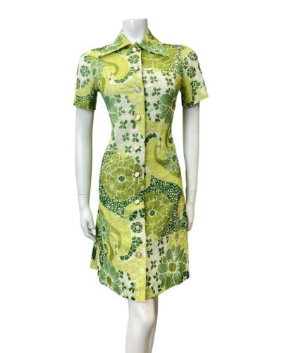 VTG 70s 90s GREEN YELLOW WHITE ANGALISE LACE FLORAL MOD DAGGER SHIRT DRESS 8 10