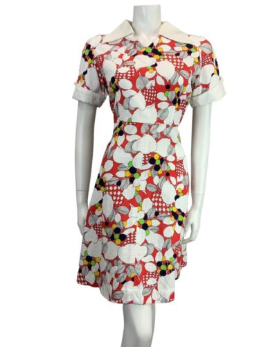VINTAGE WHITE RED NAVY BLUE YELLOW GREEN FLORAL PRINT MIDI MOD DRESS 12