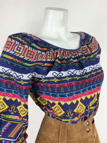 VTG 60s 70s BLUE YELLOW PINK AZTEC PSYCHEDELIC GEOMETRIC TRIBAL BLOUSE TOP 10 12