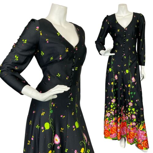 VTG 70S BLACK GREEN PINK ORANGE FLORAL PLUNGING NECK BUTTON UP MAXI DRESS 10 12