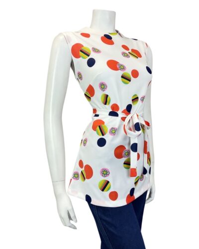 VINTAGE 60s 70s WHITE RED BLUE DOTTY FLORAL MOD BELTED SLEEVELESS TOP 12 14