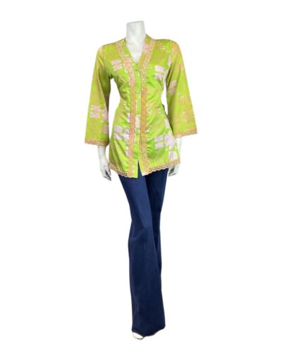 VINTAGE 60s 70s GREEN PINK WHITE GEOMETRIC FLORAL NIGHT SHIRT BLOUSE 10