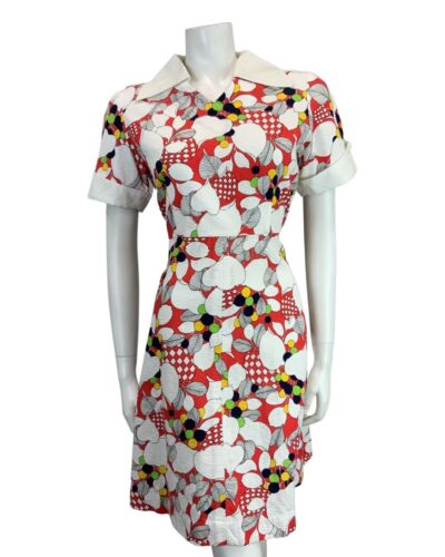 VINTAGE WHITE RED NAVY BLUE YELLOW GREEN FLORAL PRINT MIDI MOD DRESS 12