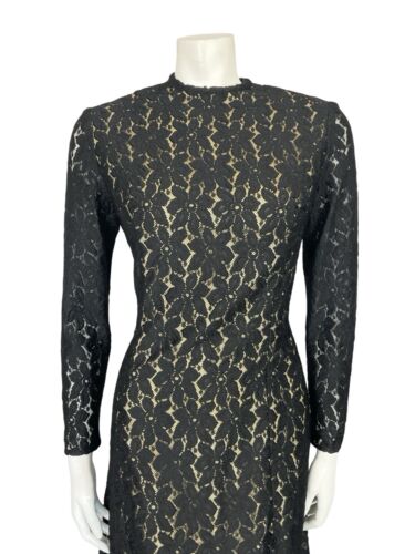VTG 60S 70S BLACK EVENING LACE HANDMADE LONG SLEEVE PARTY MIDI DRESS 10 12