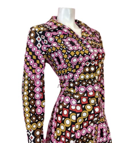 VTG 60s 70s BLACK PINK BROWN WHITE GEOMETRIC PSYCHEDELIC MOD SHIRT DRESS 12 14