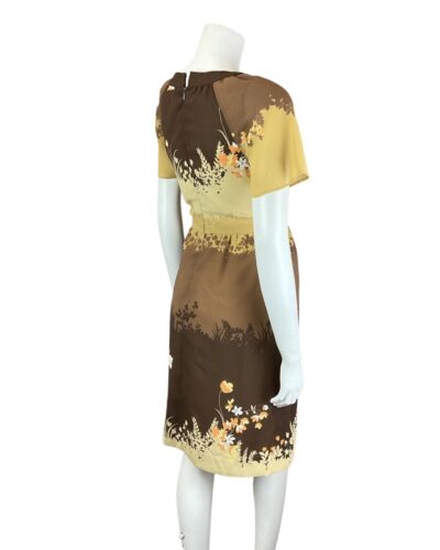 VINTAGE 70s 90s BROWN CREAM ORANGE AUTUMN LEAFY FLORAL FITTED DRESS 8