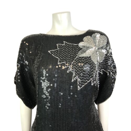 VINTAGE 70s 80s BLACK SILVER WHITE SEQUIN BEADED FLORAL DISCO PARTY TOP 16 18