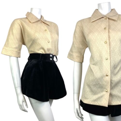 VINTAGE 60s 70s CREAM GOLD DIAMOND CHECKED MOD DISCO PARTY DAGGER SHIRT 12 14