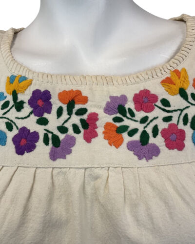 VINTAGE 60s 70s CREAM RED YELLOW FLORAL EMBROIDERED BOHO FOLK BLOUSE 10 12
