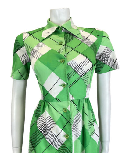 VINTAGE 60s 70s GREEN WHITE BLACK PLAID CHECKED MOD DAGGER SHIRT DRESS 8 10