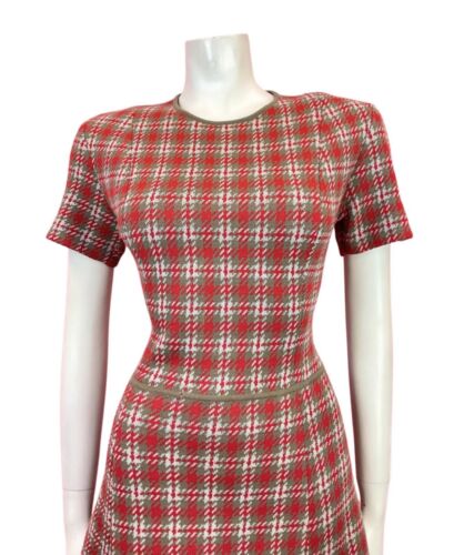 VINTAGE 60s 70s RED GREY WHITE PLAID CHECKED MOD PLEATED WOOL DRESS 10 12