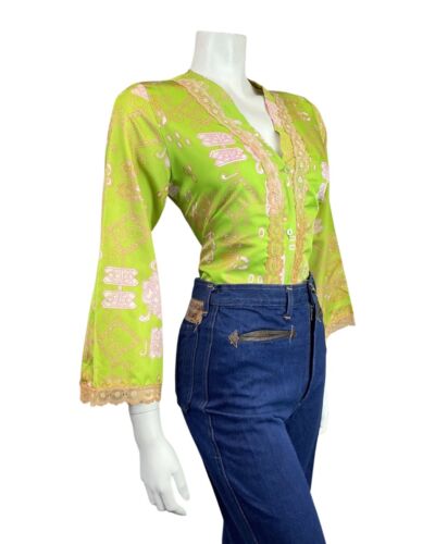 VINTAGE 60s 70s GREEN PINK WHITE GEOMETRIC FLORAL NIGHT SHIRT BLOUSE 10