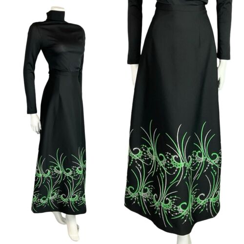 VTG 70S BLACK GREEN SILVER ABSTRACT PSYCHEDELIC EMBROIDERY PARTY MAXI SKIRT 12