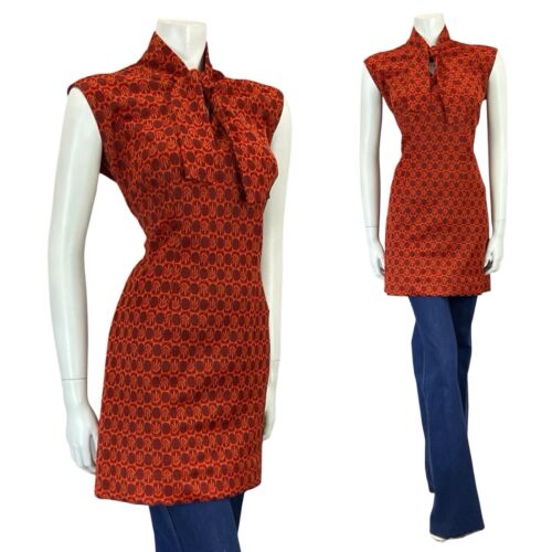 VTG 60S 70S RETRO TILED GEOMTRIC BOHO ORANGE RED LEAFY TIE NECK TUNIC TOP 16