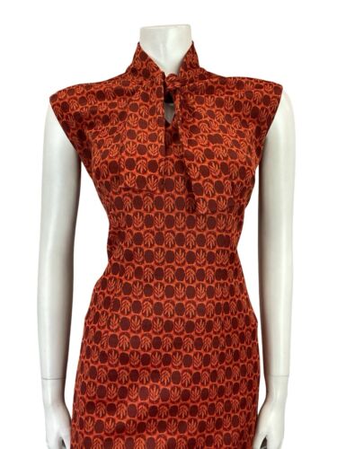 VTG 60S 70S RETRO TILED GEOMTRIC BOHO ORANGE RED LEAFY TIE NECK TUNIC TOP 16