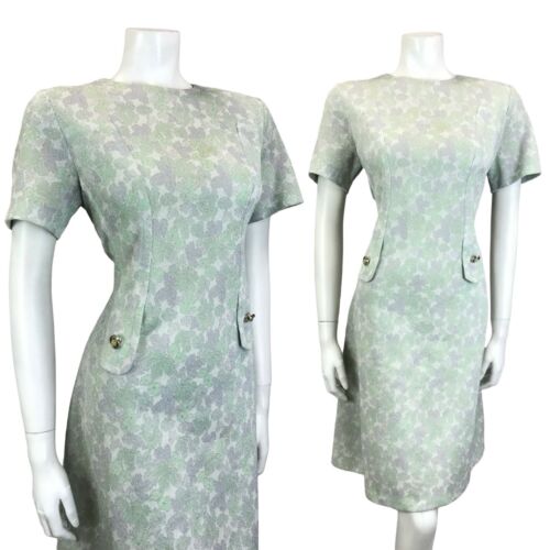 VTG 60S MOD GOGO MINT GREEN GREY WHITE SPARKLY LUREX LEAF PARTY SHIFT DRESS 12