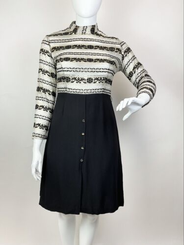 VTG 60s 70s BLACK SILVER GOLD STRIPED FLORAL SHEER PARTY GLAM FITTED DRESS 16