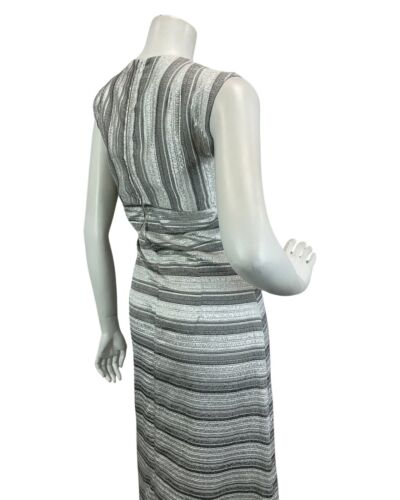 VINTAGE 60s 70s SILVER PLUNGE NECK DISCO PARTY EVENING MAXI DRESS 8 10