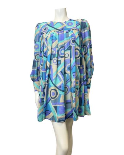 VINTAGE 60s 70s BLUE PURPLE CREAM GEOMETRIC PLEATED MOD TENT DRESS 8 10