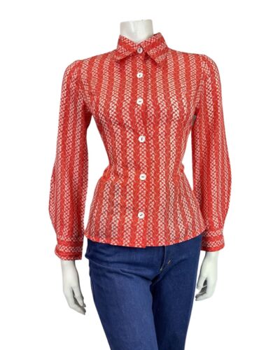 VINTAGE 60s 70s RED WHITE FLORAL DOTTY STRIPED MOD DAGGER BLOUSE SHIRT 10