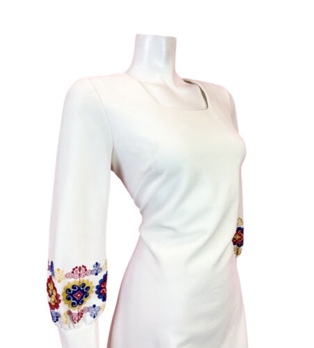 VINTAGE 60s 70s WHITE RED BLUE YELLOW EMBROIDERED MOD BISHOP SLEEVE DRESS 12 14