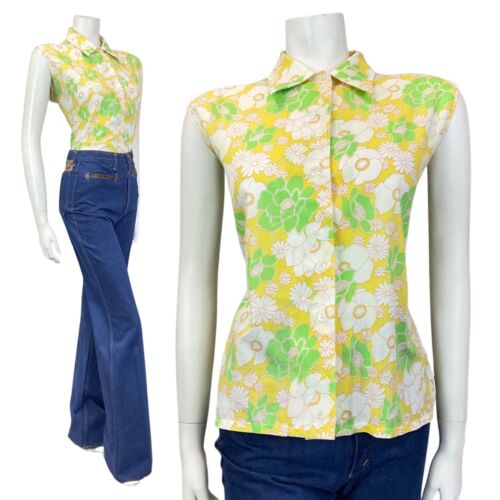 VINTAGE 60s 70s YELLOW WHITE GREEN FLORAL SLEEVELESS SHIRT BLOUSE 16 18