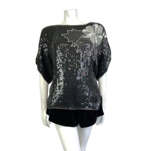 VINTAGE 70s 80s BLACK SILVER WHITE SEQUIN BEADED FLORAL DISCO PARTY TOP 16 18