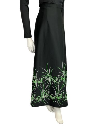 VTG 70S BLACK GREEN SILVER ABSTRACT PSYCHEDELIC EMBROIDERY PARTY MAXI SKIRT 12