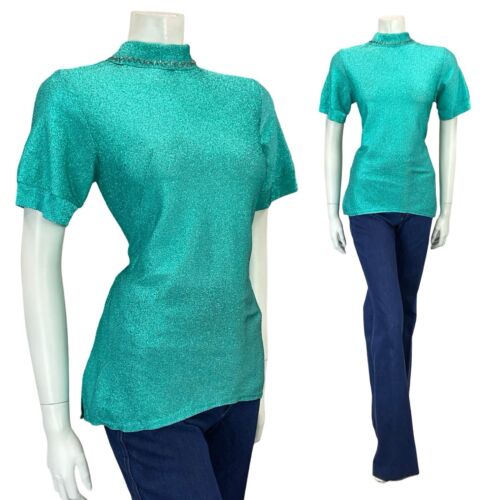 VTG 60S BLUE LUREX DISCO STUDIO 54 SILVER BEADED REMOVABLE COLLAR PARTY TOP 8 10