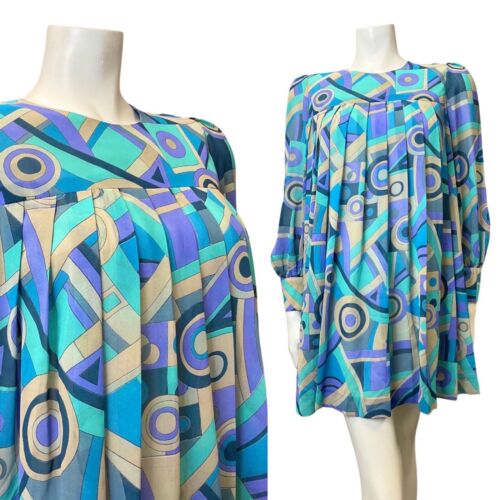 VINTAGE 60s 70s BLUE PURPLE CREAM GEOMETRIC PLEATED MOD TENT DRESS 8 10