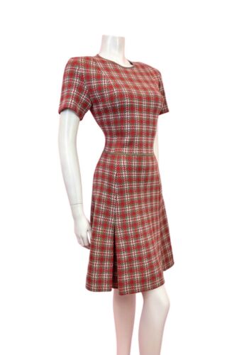 VINTAGE 60s 70s RED GREY WHITE PLAID CHECKED MOD PLEATED WOOL DRESS 10 12