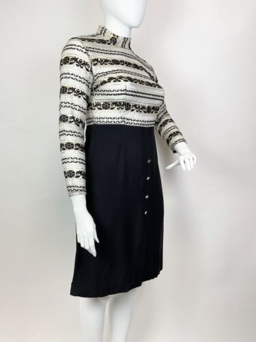 VTG 60s 70s BLACK SILVER GOLD STRIPED FLORAL SHEER PARTY GLAM FITTED DRESS 16