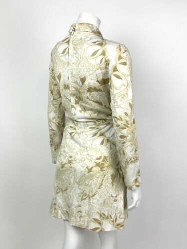 VINTAGE 60s 70s WHITE GOLD OLIVE FLORAL SWIRL DAGGER COLLAR BLOUSON DRESS 10 12