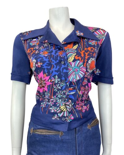 VINTAGE 60s 70s BLUE ORANGE PINK PSYCHEDELIC FLORAL DAGGER CROPPED BLOUSE 16