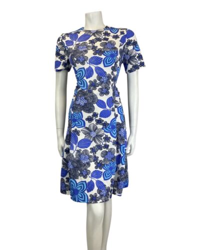 VINTAGE 60s 70s BLUE BLACK WHITE PSYCHEDELIC FLORAL SHORT SLEEVE MOD DRESS 12